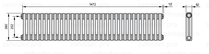 Схема (чертеж) Радиатор Zehnder Charleston 2026/32 №1270 Белый глянцевый RAL 9016